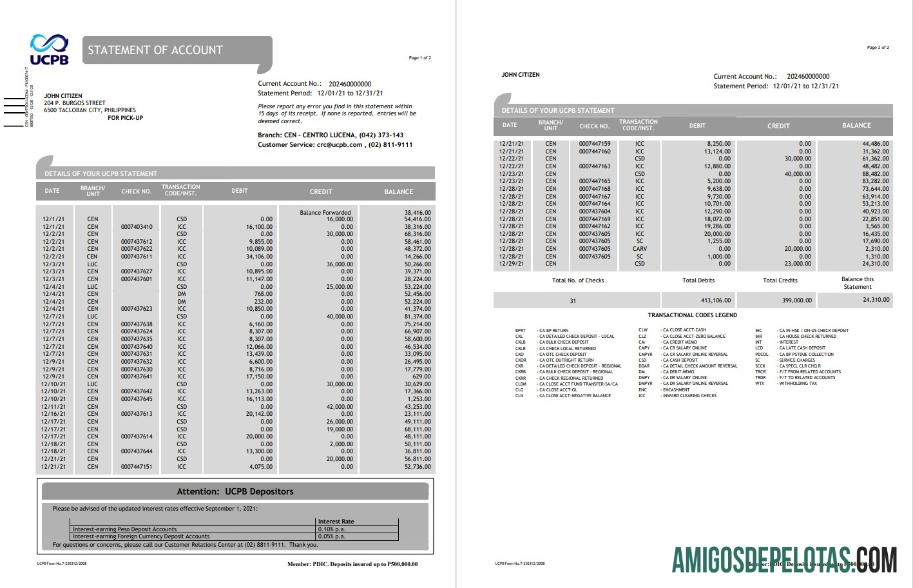 modelo de extrato bancário UCPB em branco das Filipinas em formato Word e PDF